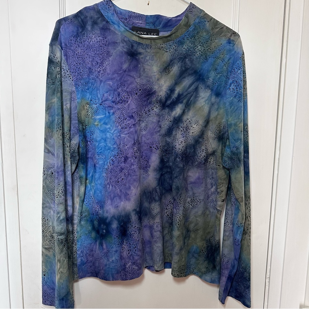 Vintage Lana Lee Long Sleeve Crew Neck Tee, Watercolour Design & Bead Details